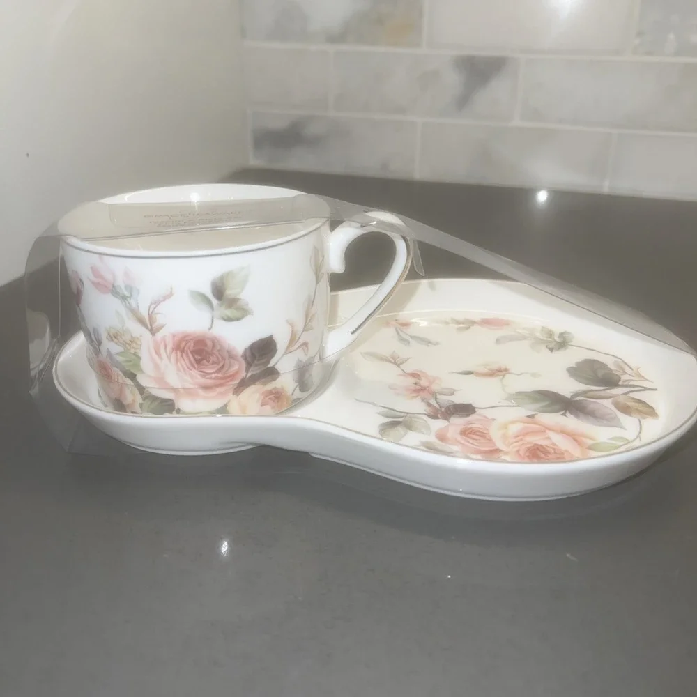 Grace Teaware Fine Porcelain Teacup & Snack Plate Magnolia &  Birds Pink New